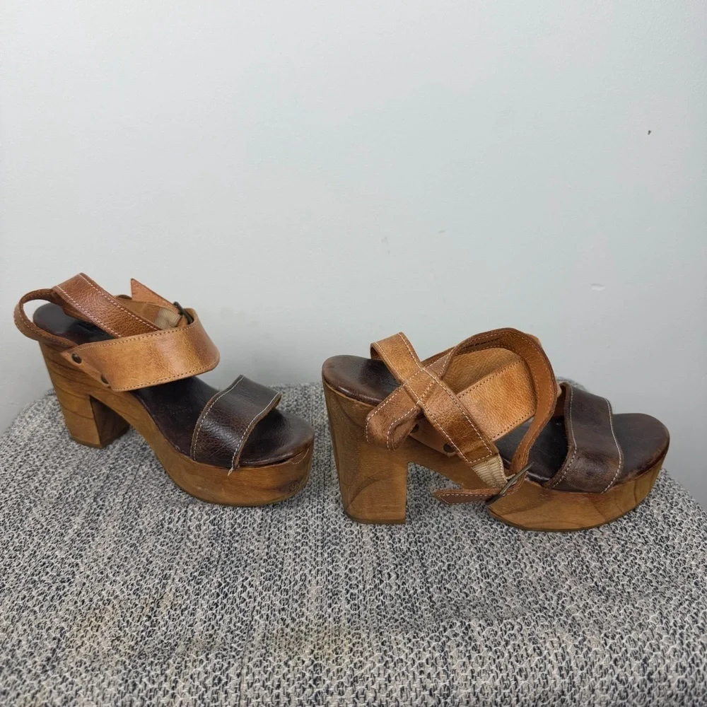 BED STU Sophie Brown Tan Leather Wood Platform Sandals 7.5